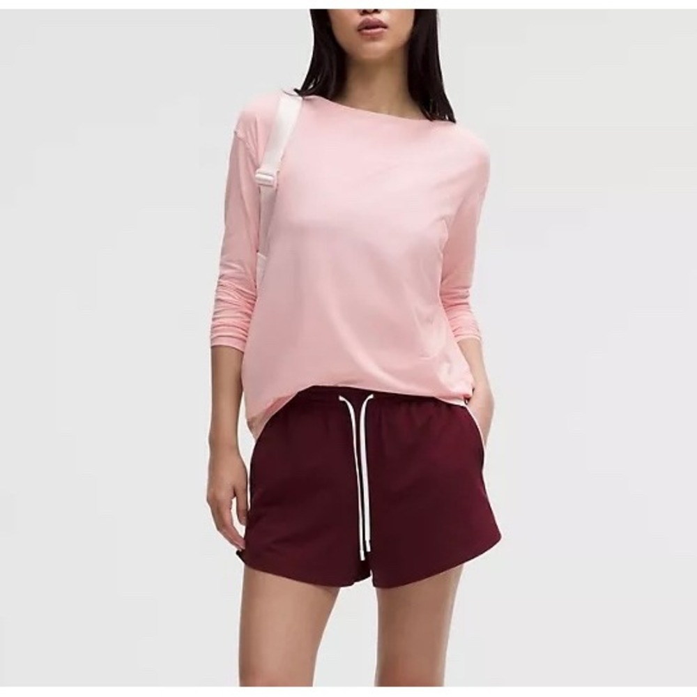 Lululemon Back In Action Long Sleeve Shirt Pink Pearl Pima Cotton 12 Boat Neck